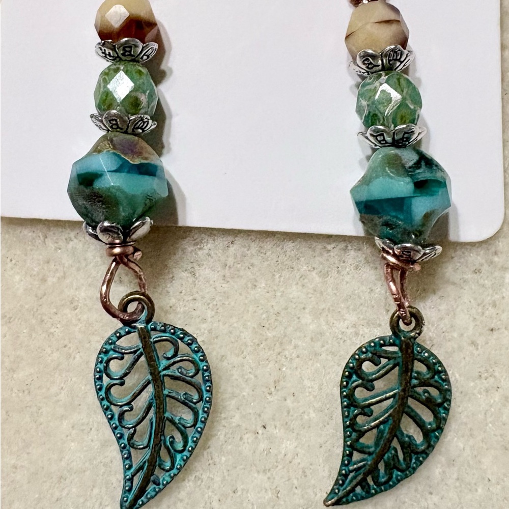 Elegant Turquoise and Silver with Copper verdigris leaf Earrings
